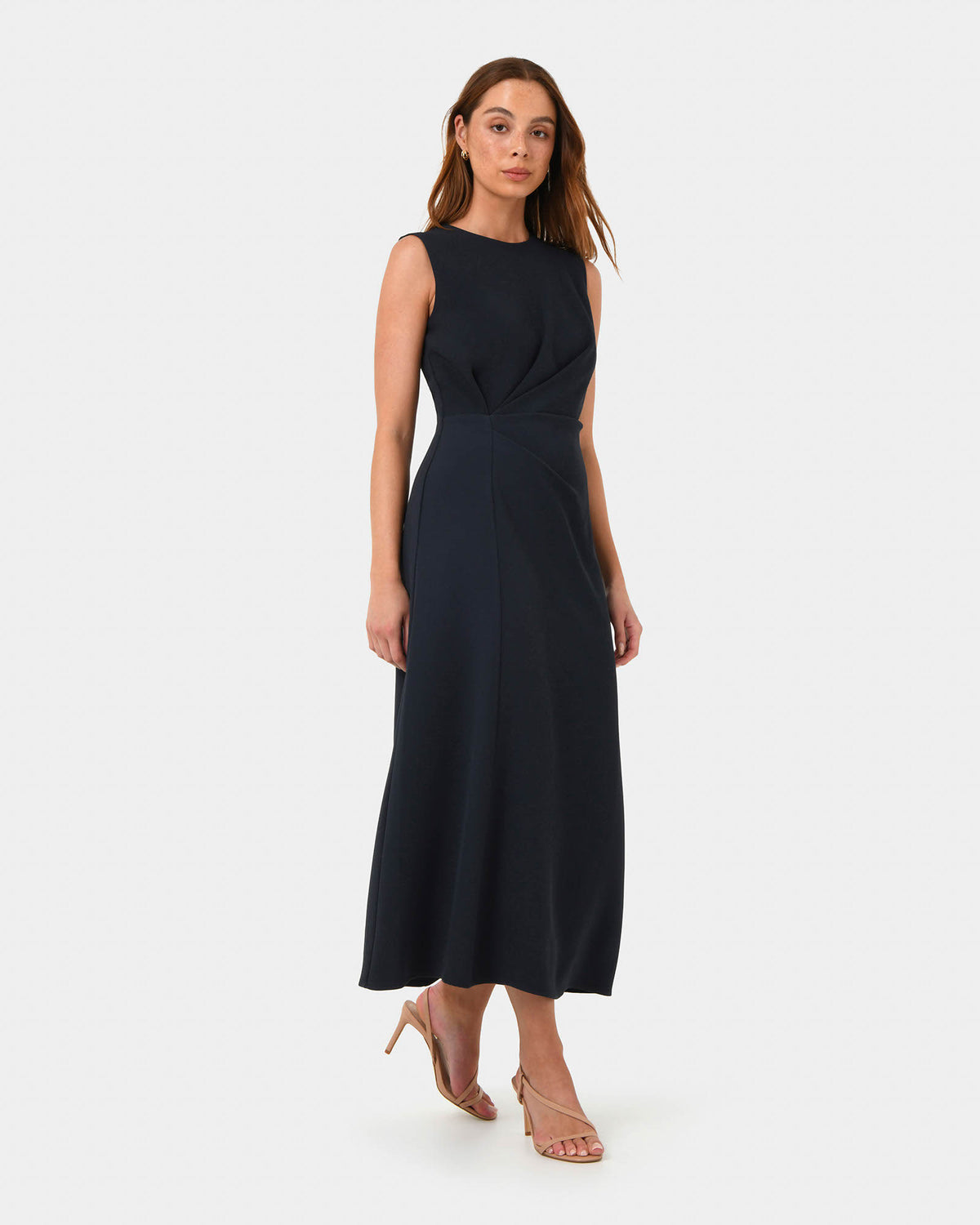 Demi Ruched Midi Dress in midnight — side view