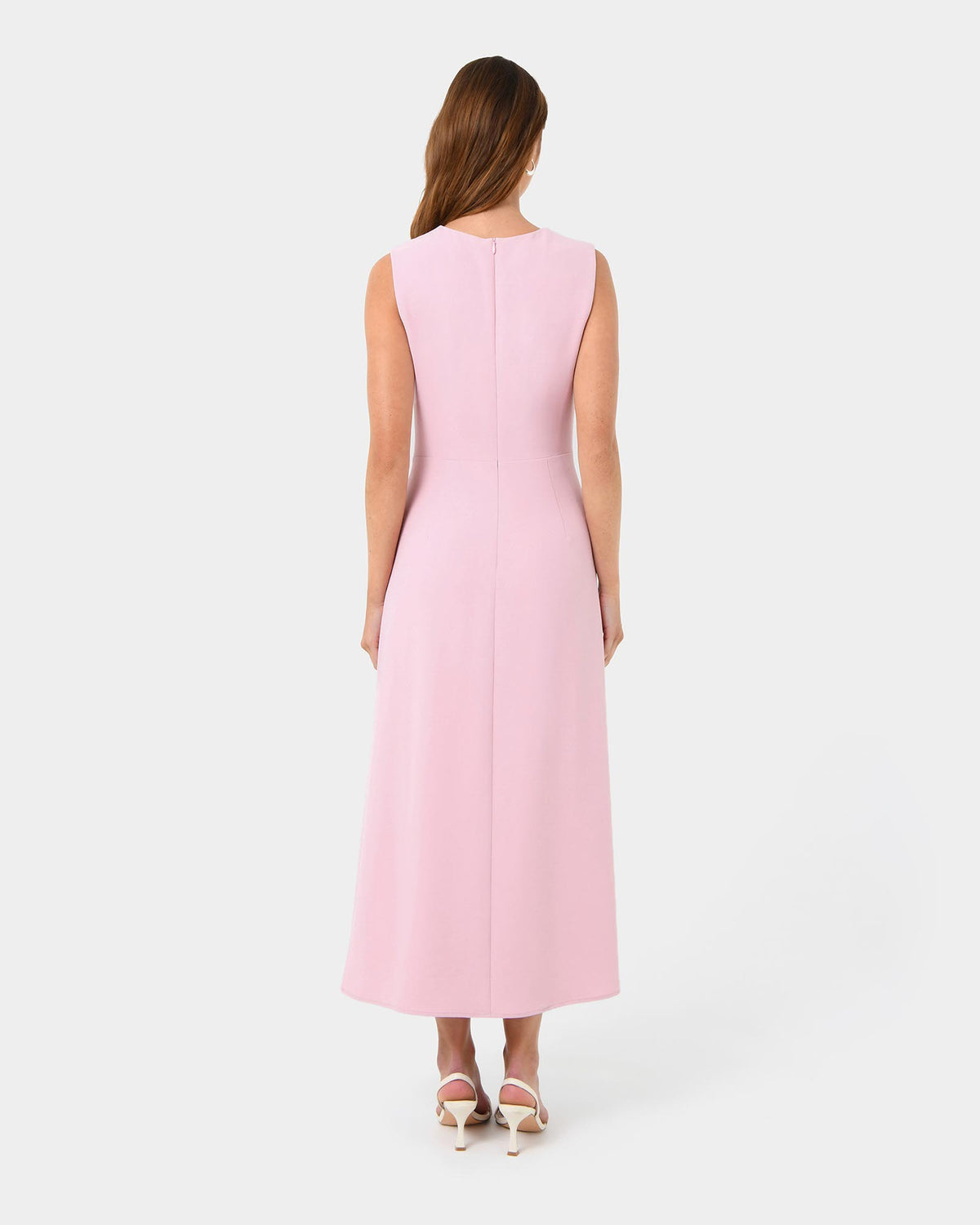 Demi Ruched Midi Dress in pastel pink — back view