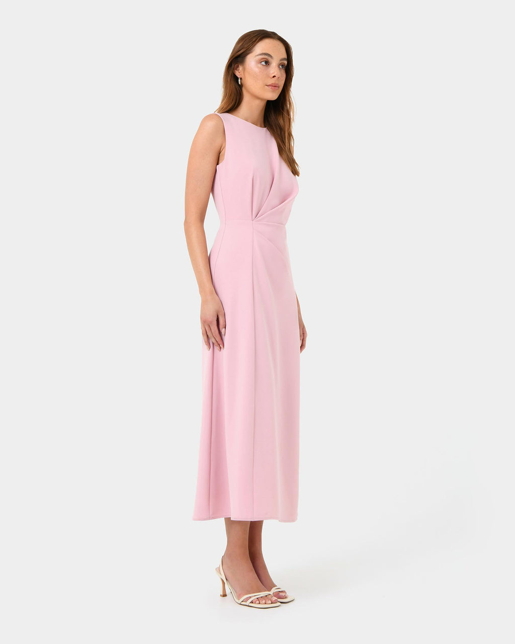 Demi Ruched Midi Dress in pastel pink — side view