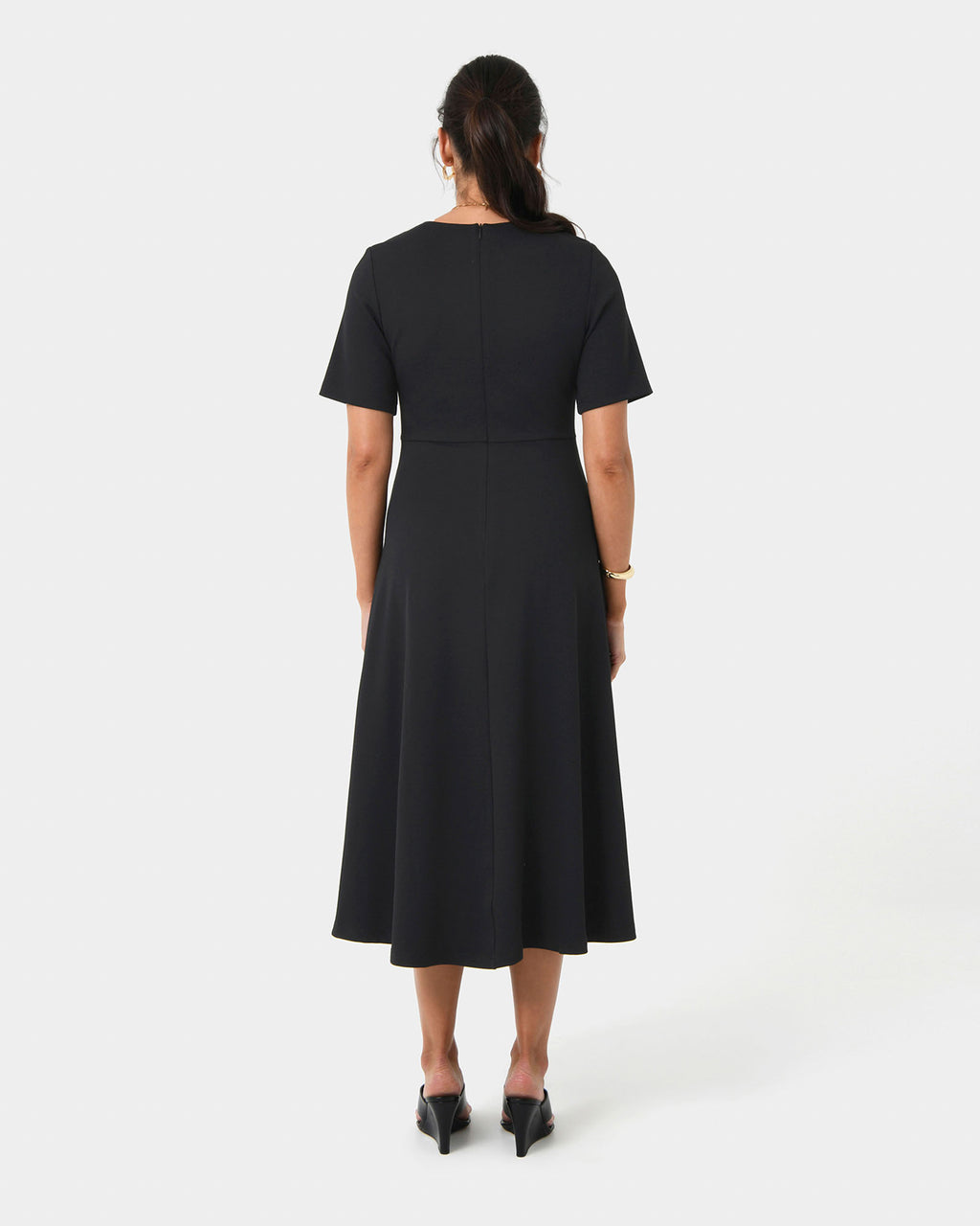 Leah A-Line Midi Dress in black — back view