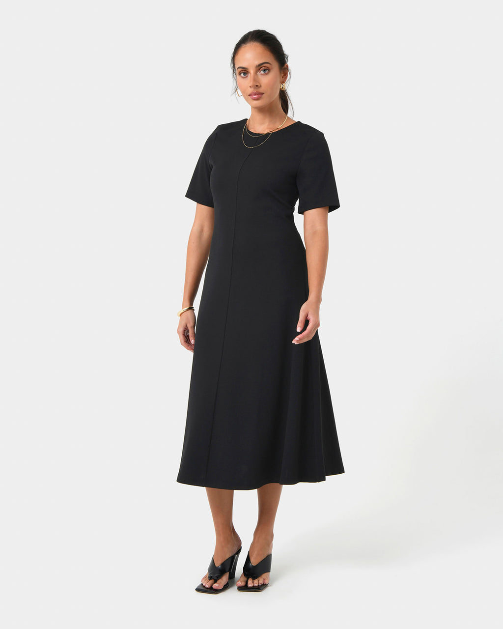 Leah A-Line Midi Dress in black — full-length view
