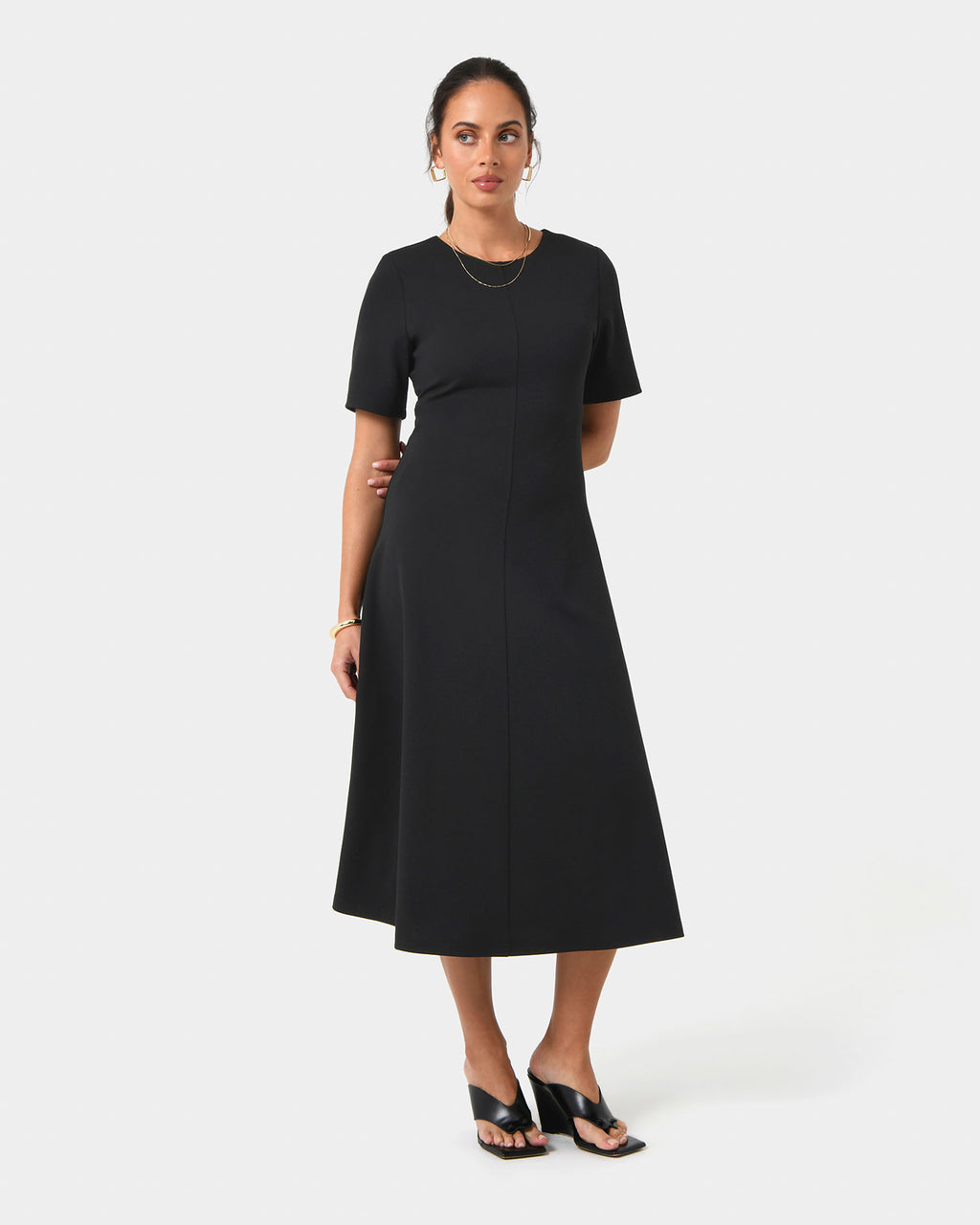 Leah A-Line Midi Dress in black — full-length view 2