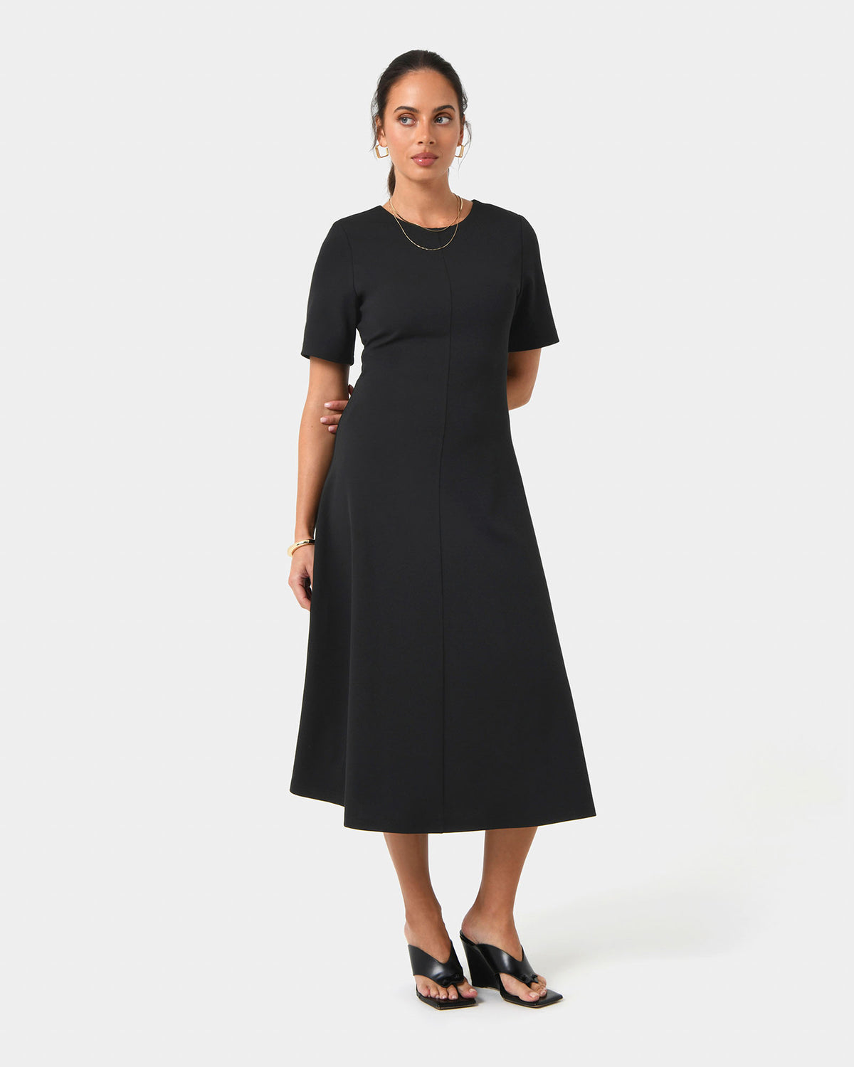 Leah A-Line Midi Dress in black — full-length view 2