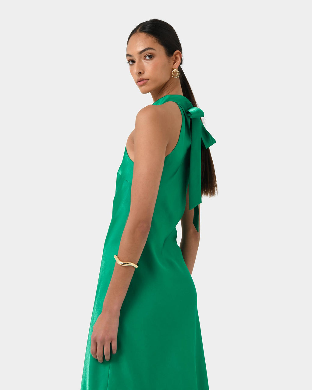 Leana Bias Midi Dress in emerald — back view