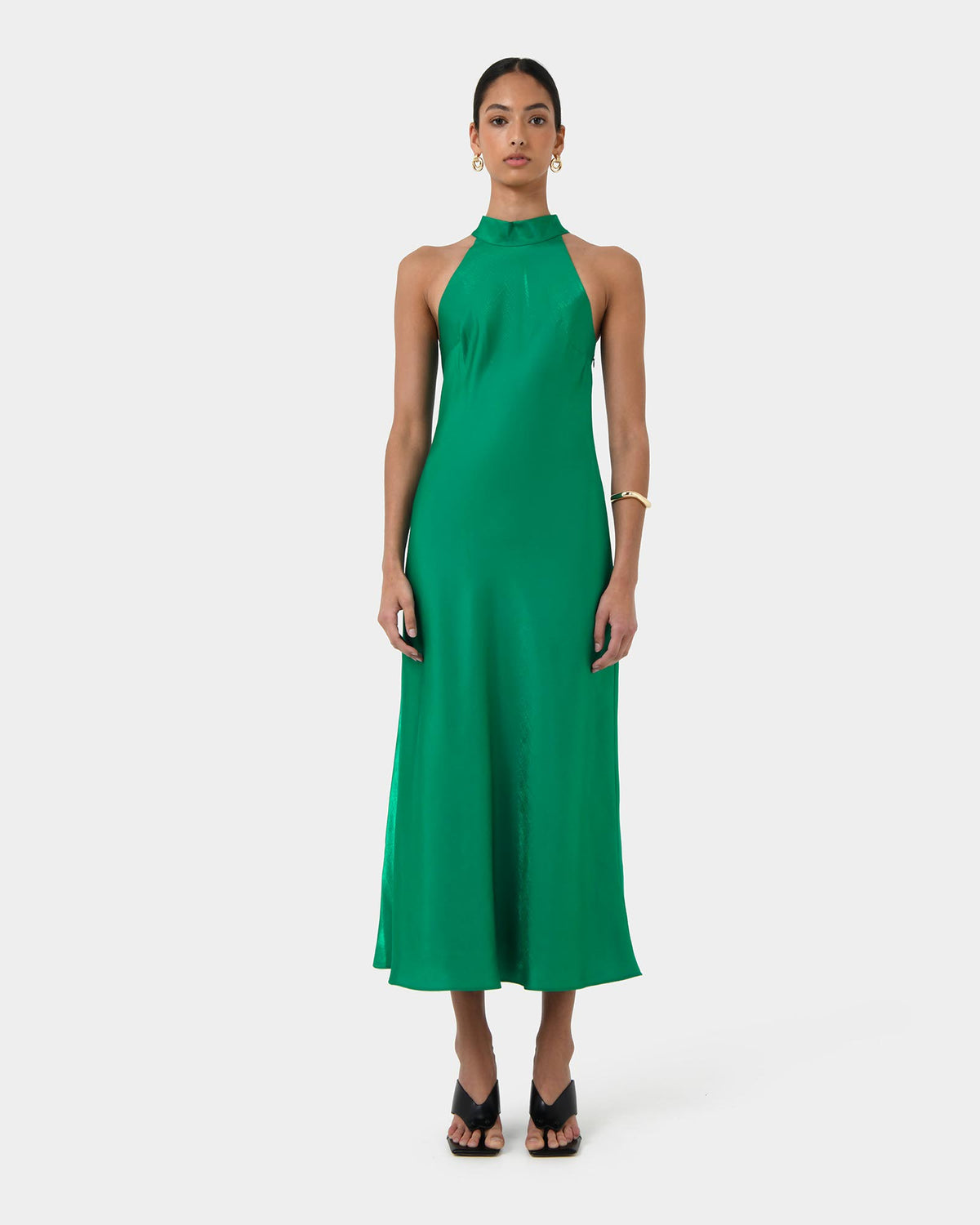 Leana Bias Midi Dress in emerald — full-length view