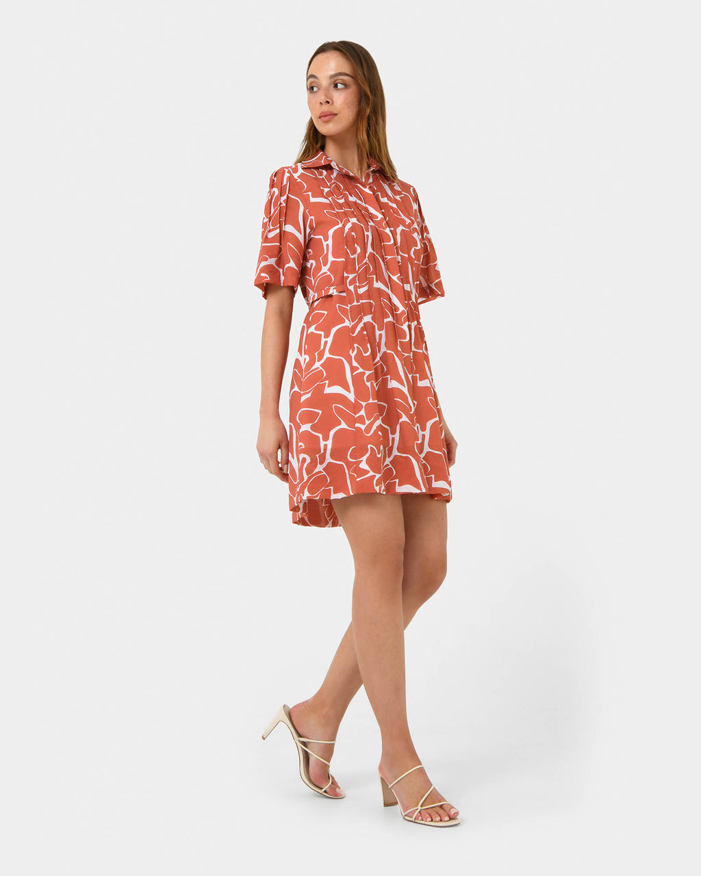 Sunshine Pleated Dress in coral print — side view