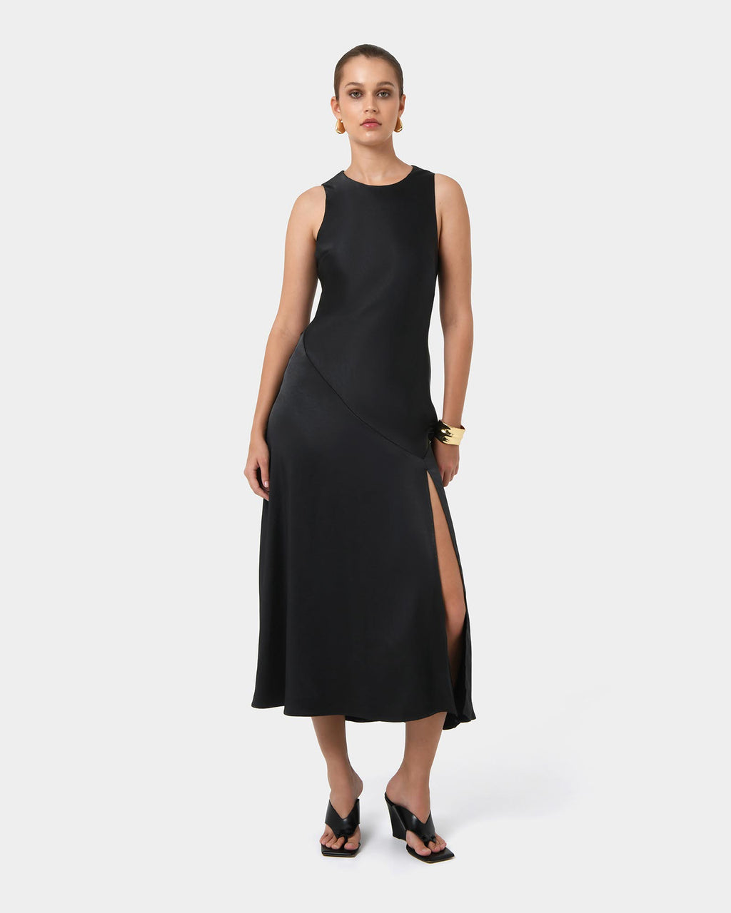 Louisa Satin Bias Dress in black — full-length view