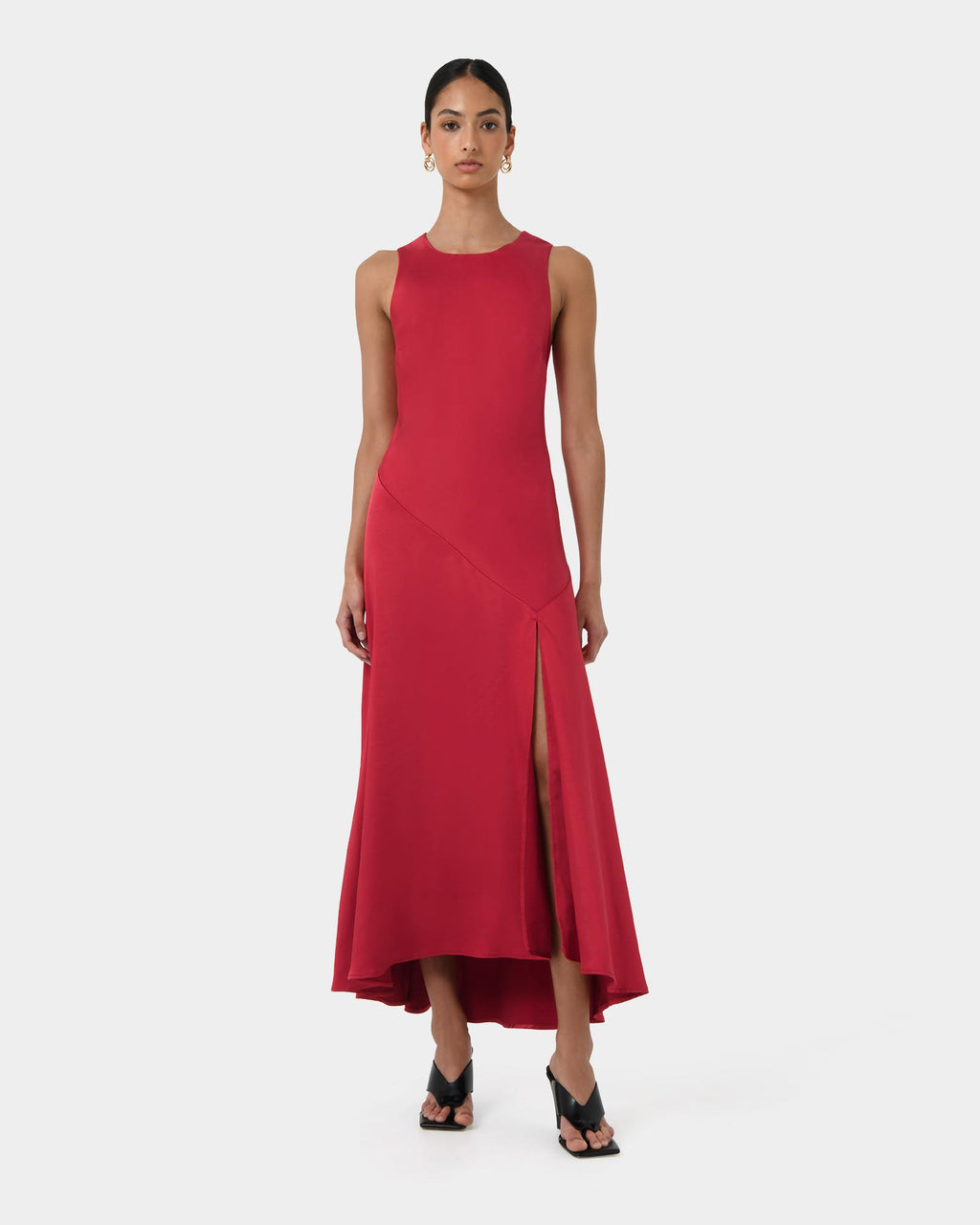 Louisa Satin Bias Dress in red — full-length view