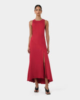 Louisa Satin Bias Dress in red — full-length view