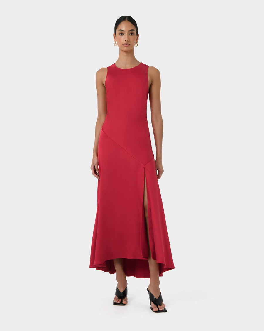 Louisa Satin Bias Dress in red — full-length view