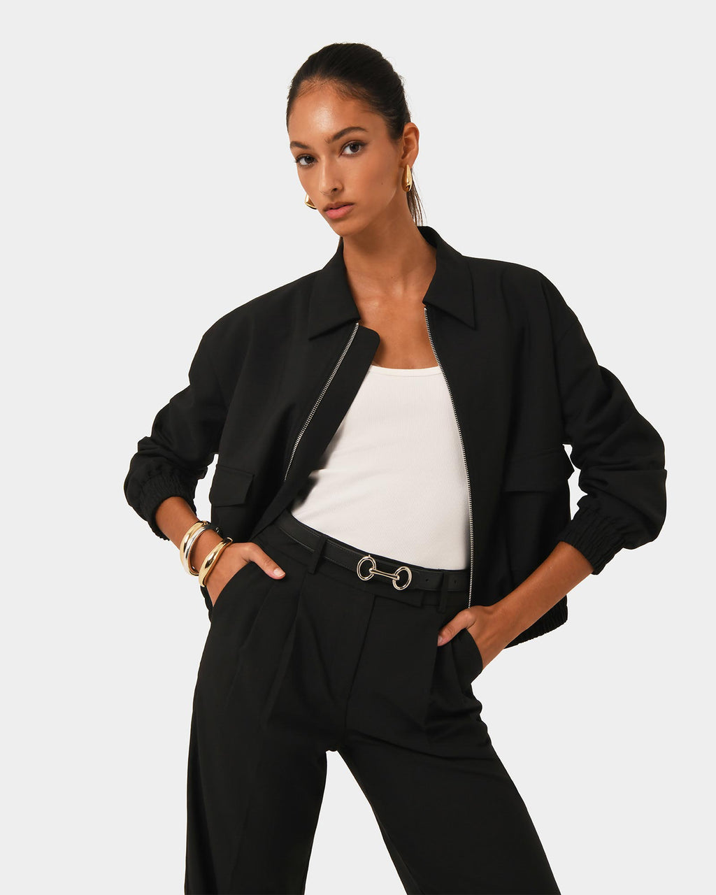 Amera Bomber Jacket in black — close-up view 3
