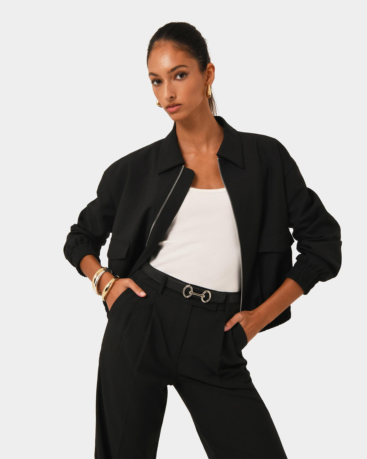 Amera Bomber Jacket in black — close-up view 3
