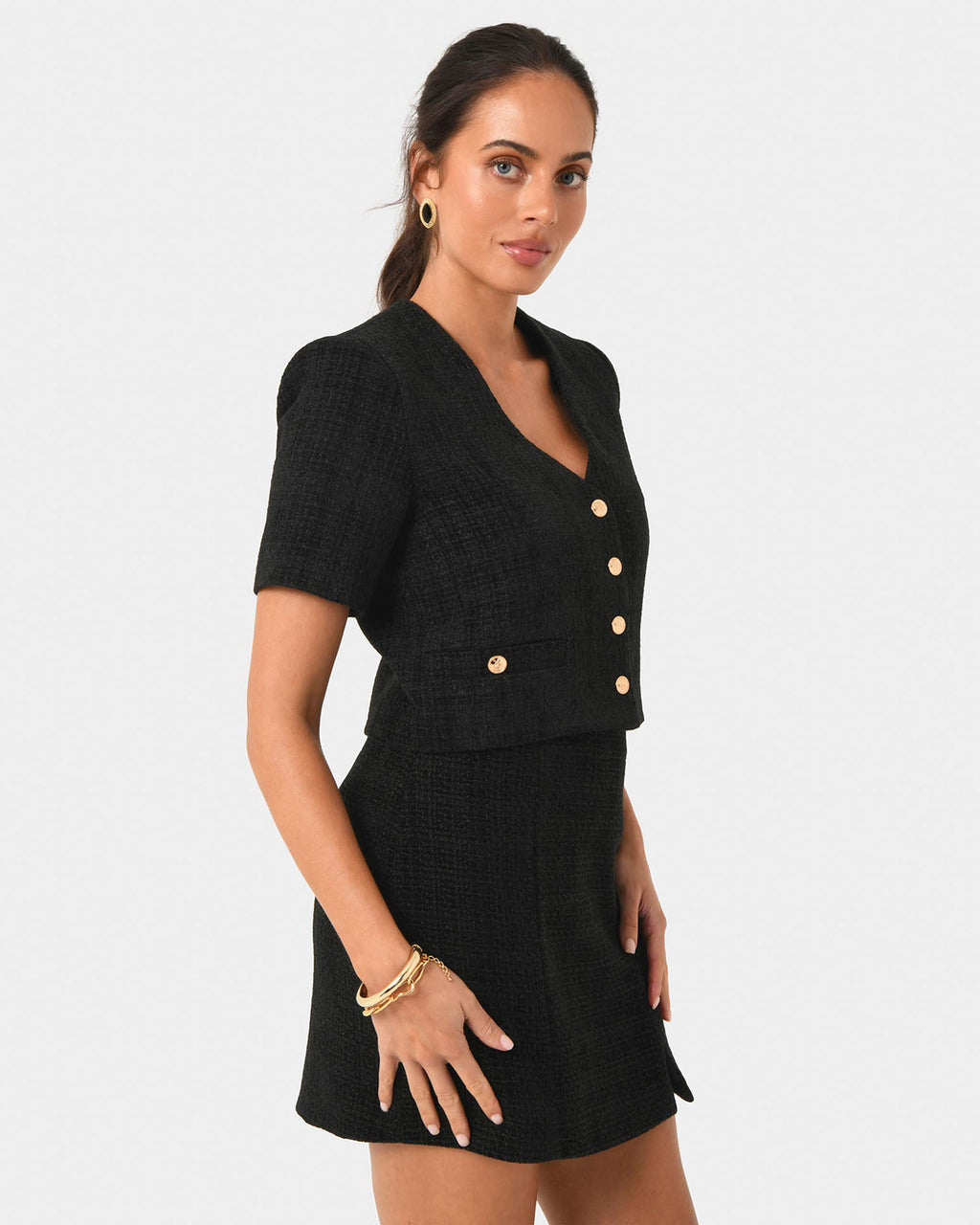 Carmen Tweed Crop Jacket in black — side view