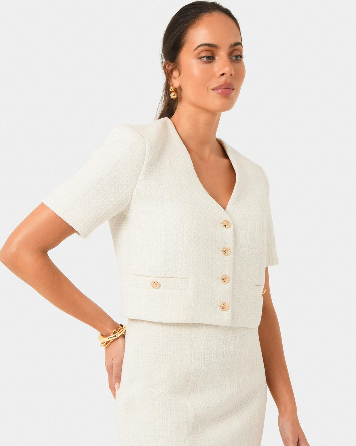 Carmen Tweed Crop Jacket in ivory — close-up view 2