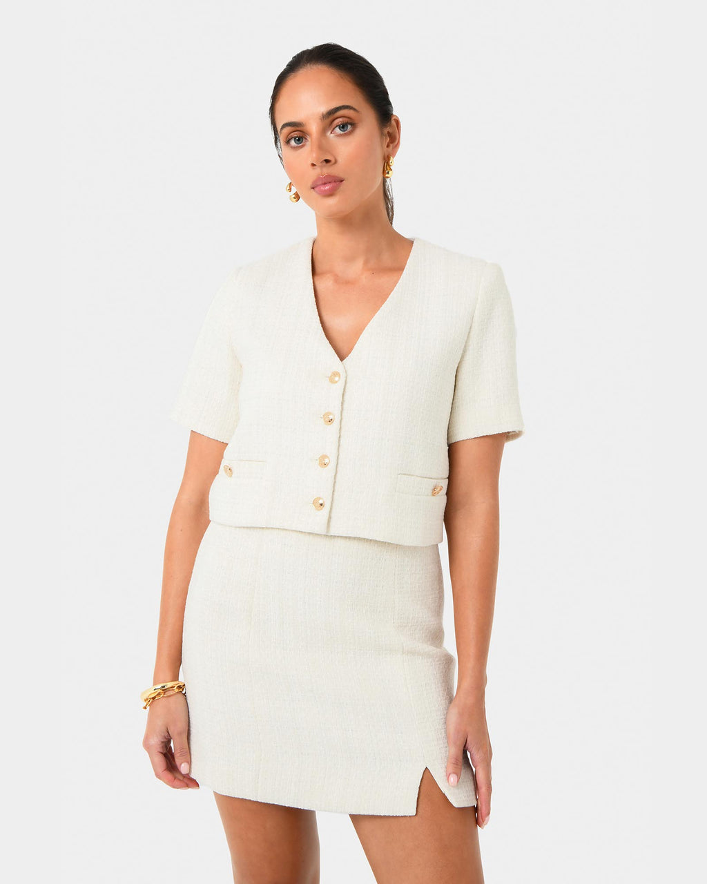 Carmen Tweed Crop Jacket in ivory — close-up view 3