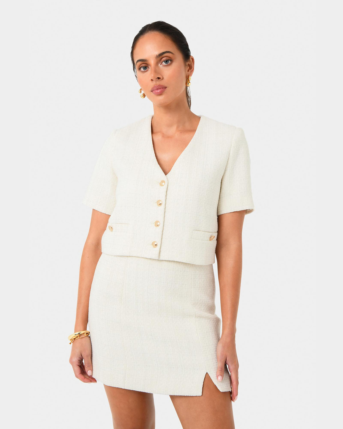 Carmen Tweed Crop Jacket in ivory — close-up view 3