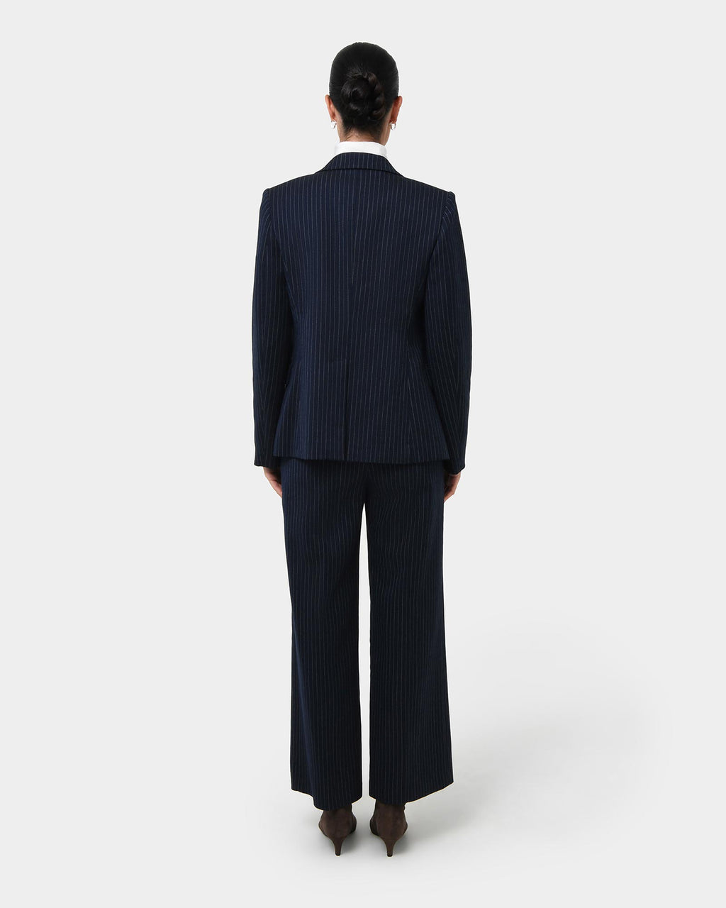 Zara Double Breasted Blazer in navy pinstripe — back view