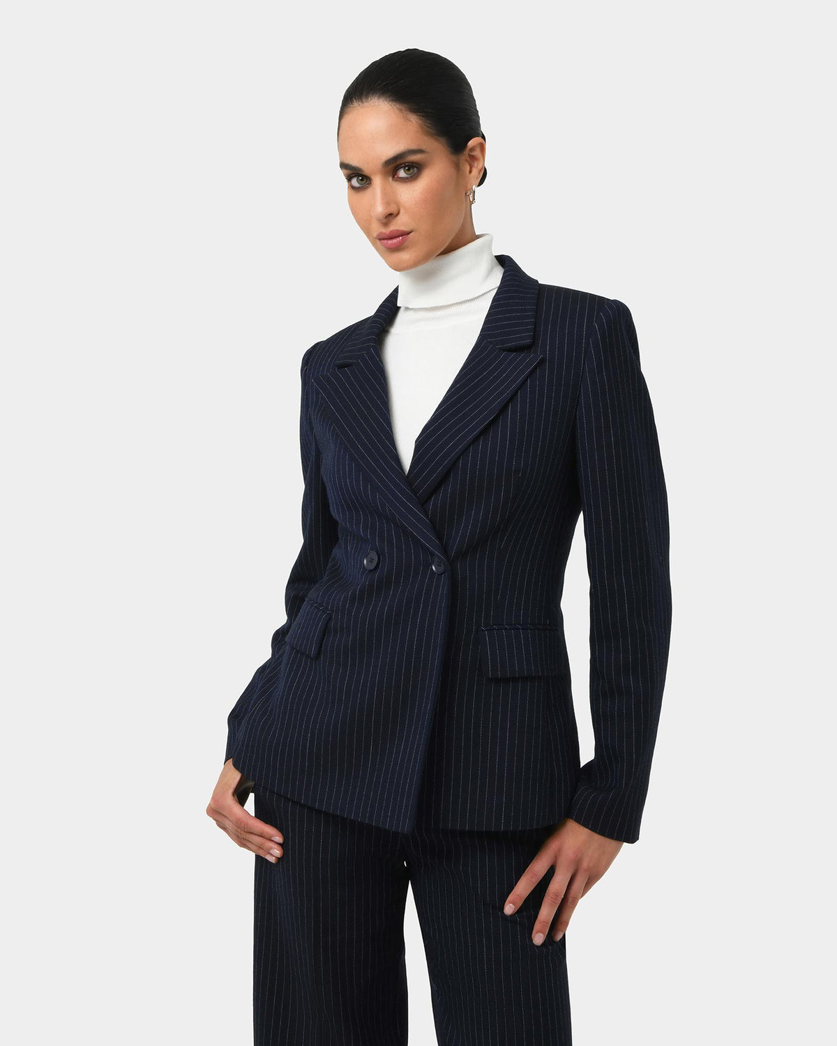 Zara Double Breasted Blazer in navy pinstripe — close-up view