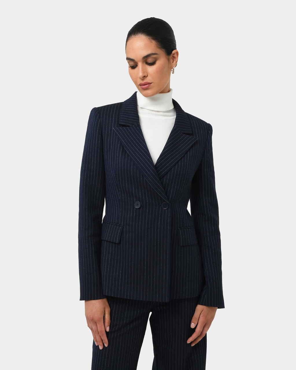 Zara Double Breasted Blazer in navy pinstripe — close-up view 2