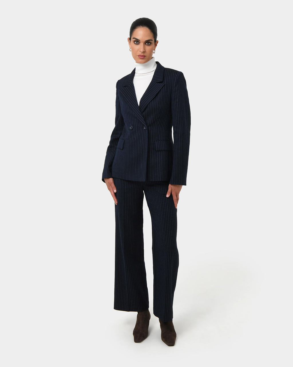 Zara Double Breasted Blazer in navy pinstripe — full-length view