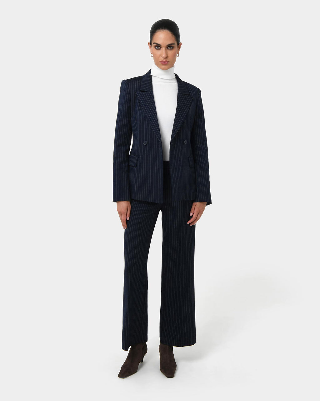 Zara Double Breasted Blazer in navy pinstripe — full-length view 2