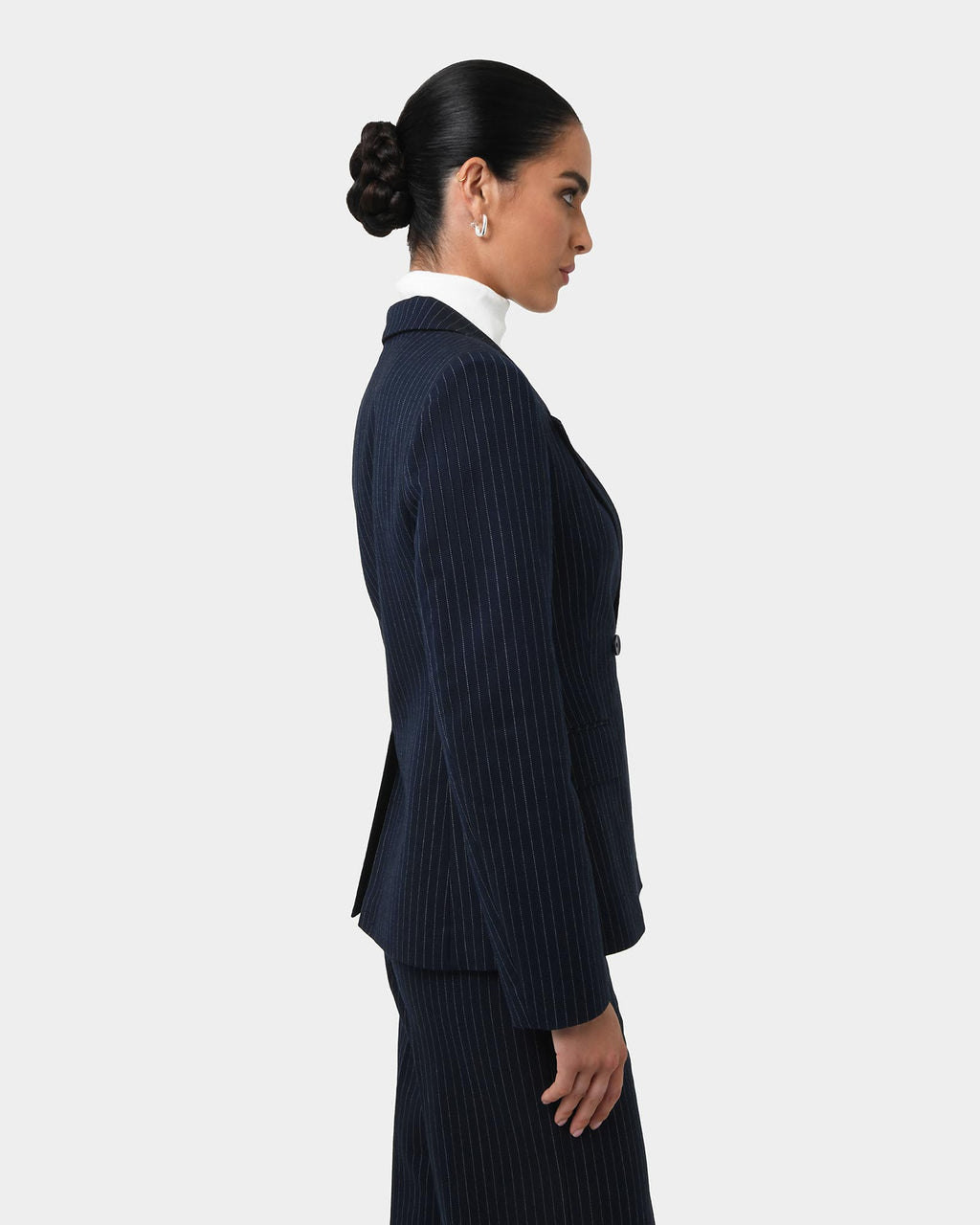 Zara Double Breasted Blazer in navy pinstripe — side view