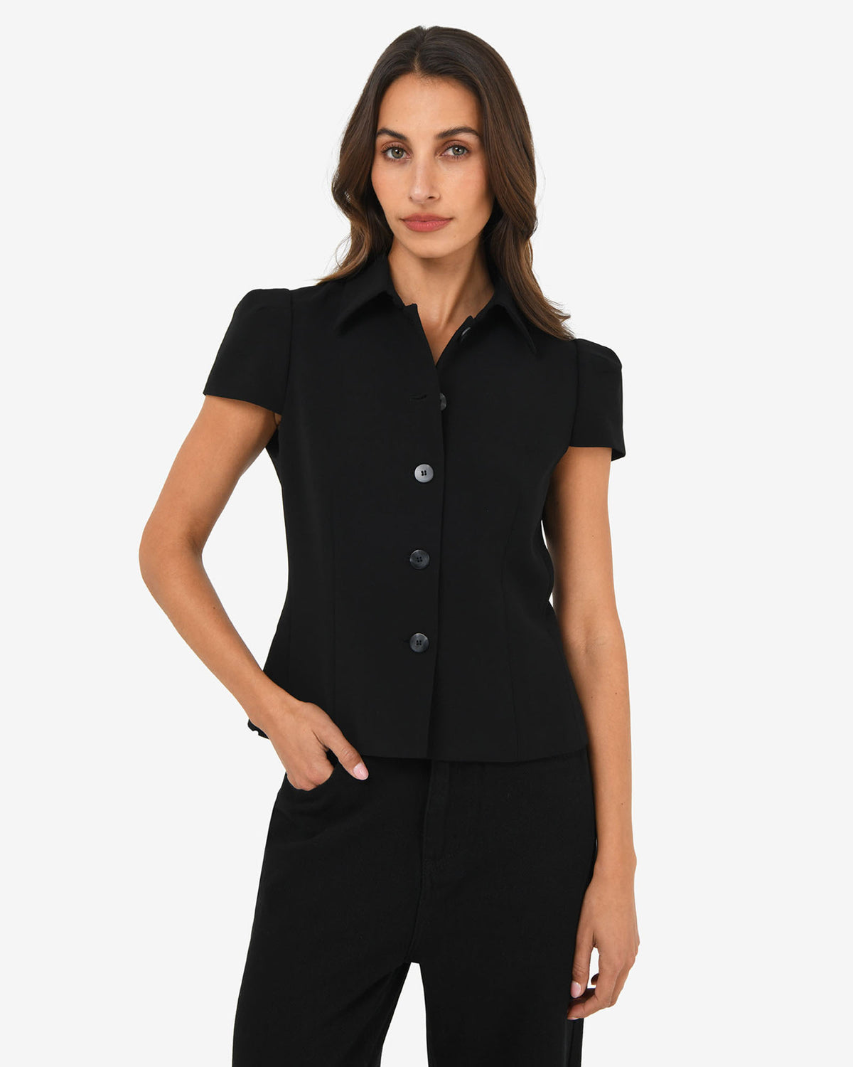 Ace Button Down Jacket in black — close-up view