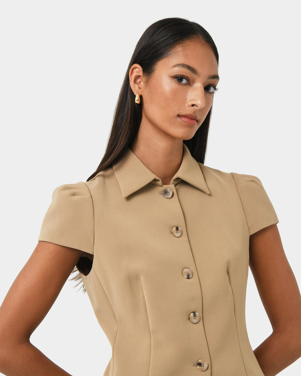 Ace Button Down Jacket in tan — close-up view