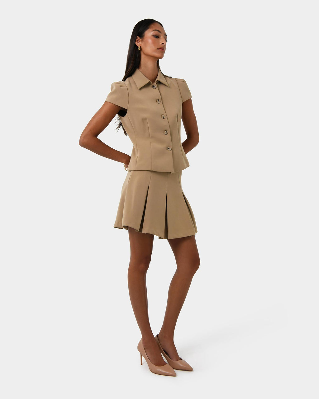 Ace Button Down Jacket in tan — side view
