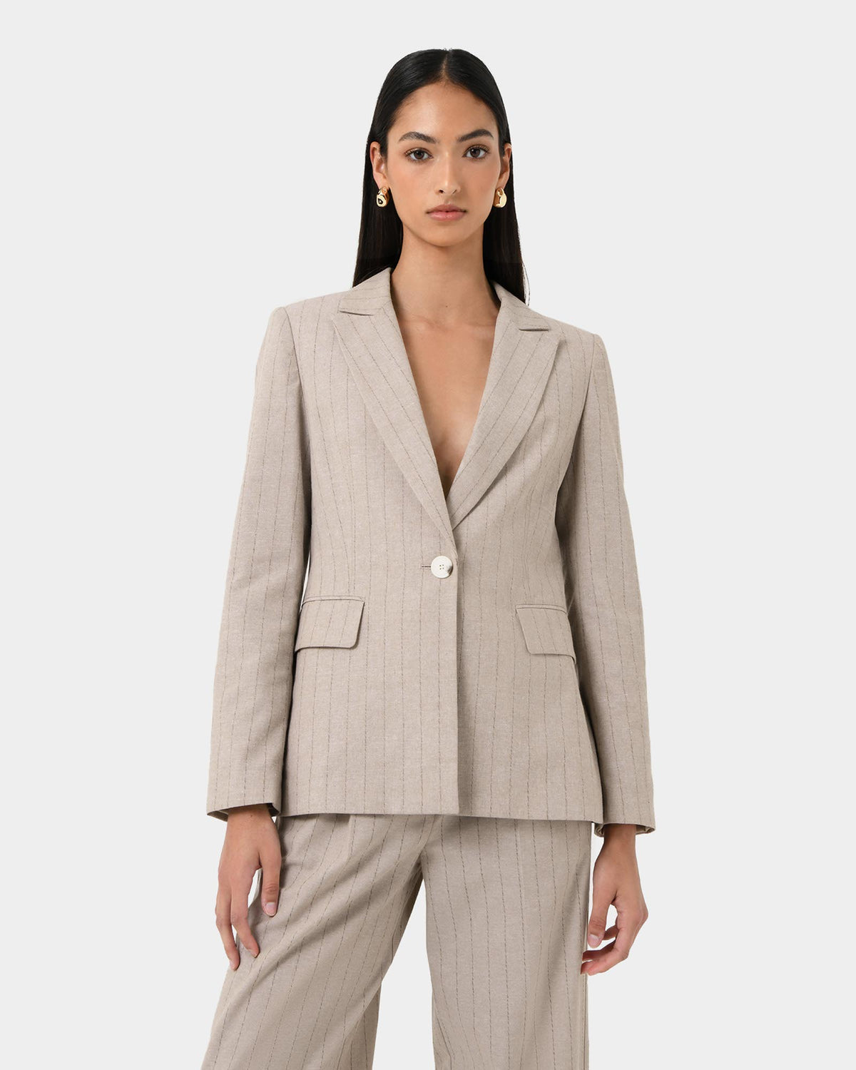 Ria Stripe Cotton Jacket in beige brown — close-up view