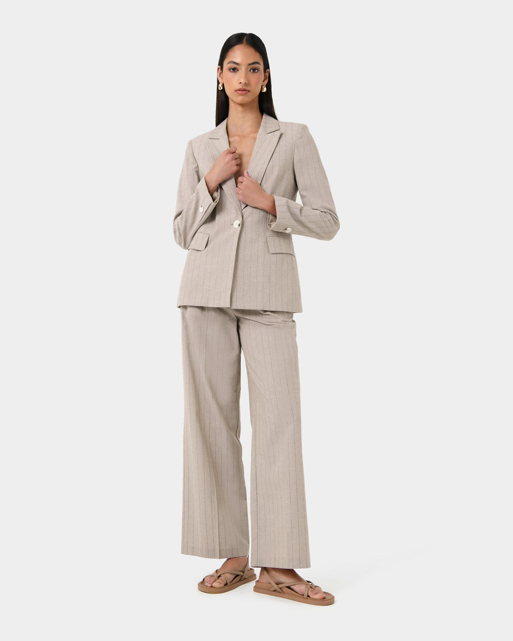 Ria Stripe Cotton Jacket in beige brown — full-length view