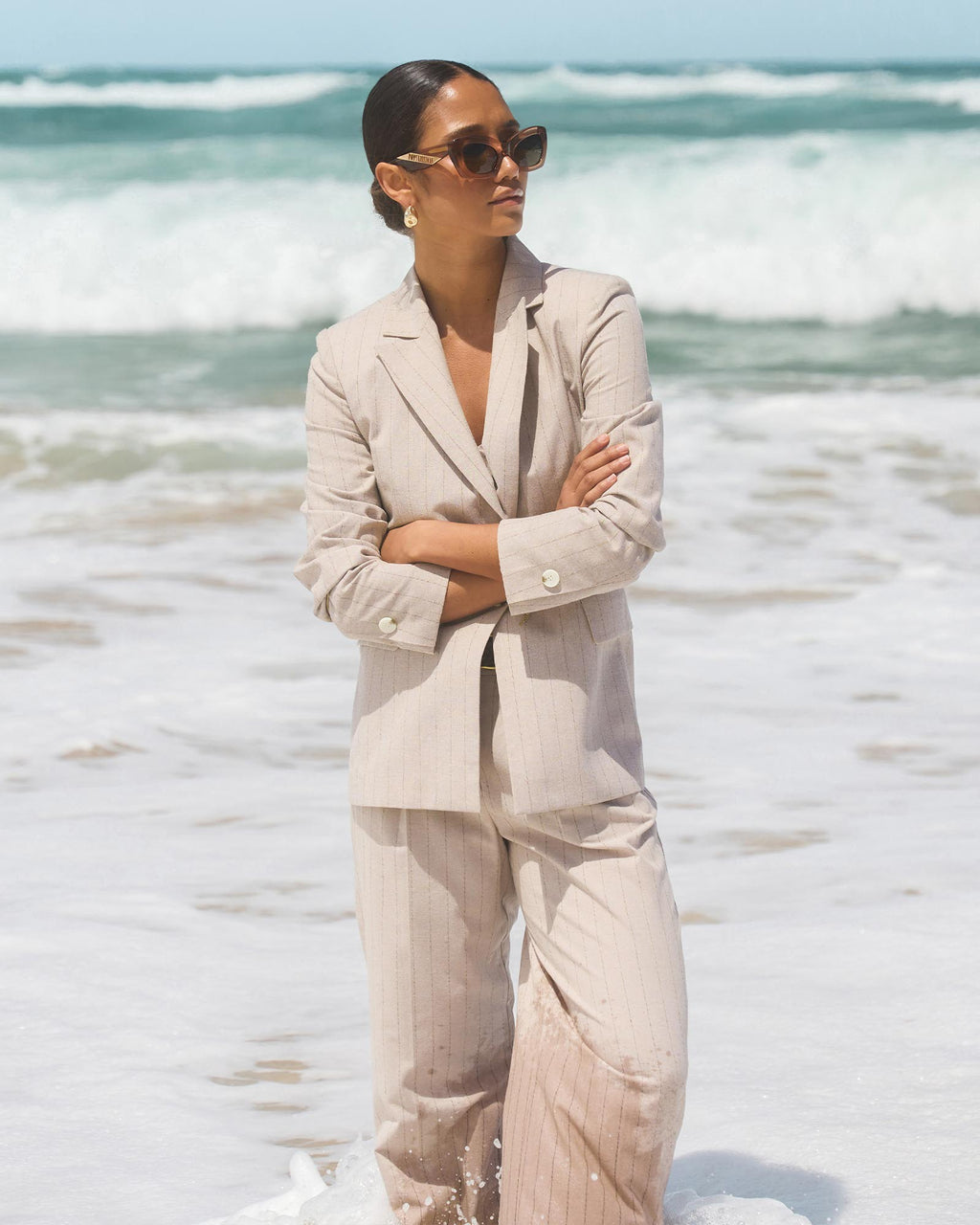 Ria Stripe Cotton Jacket in beige brown — alternate view