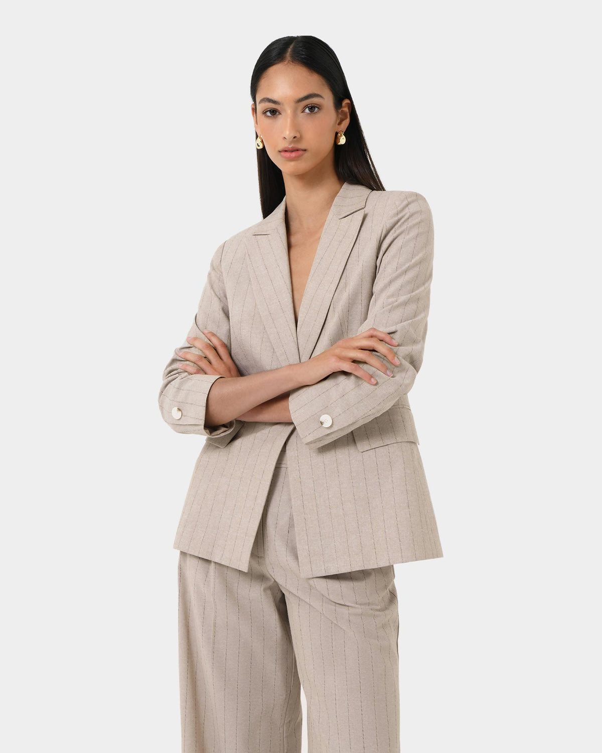 Ria Stripe Cotton Jacket in beige brown — side view