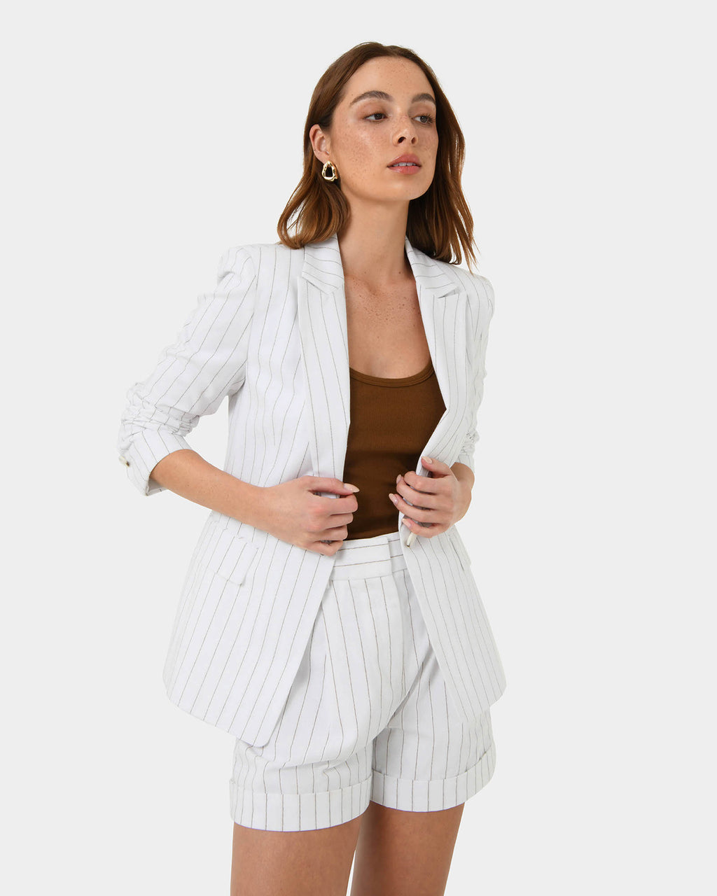Ria Stripe Cotton Jacket in ivory brown — close-up view
