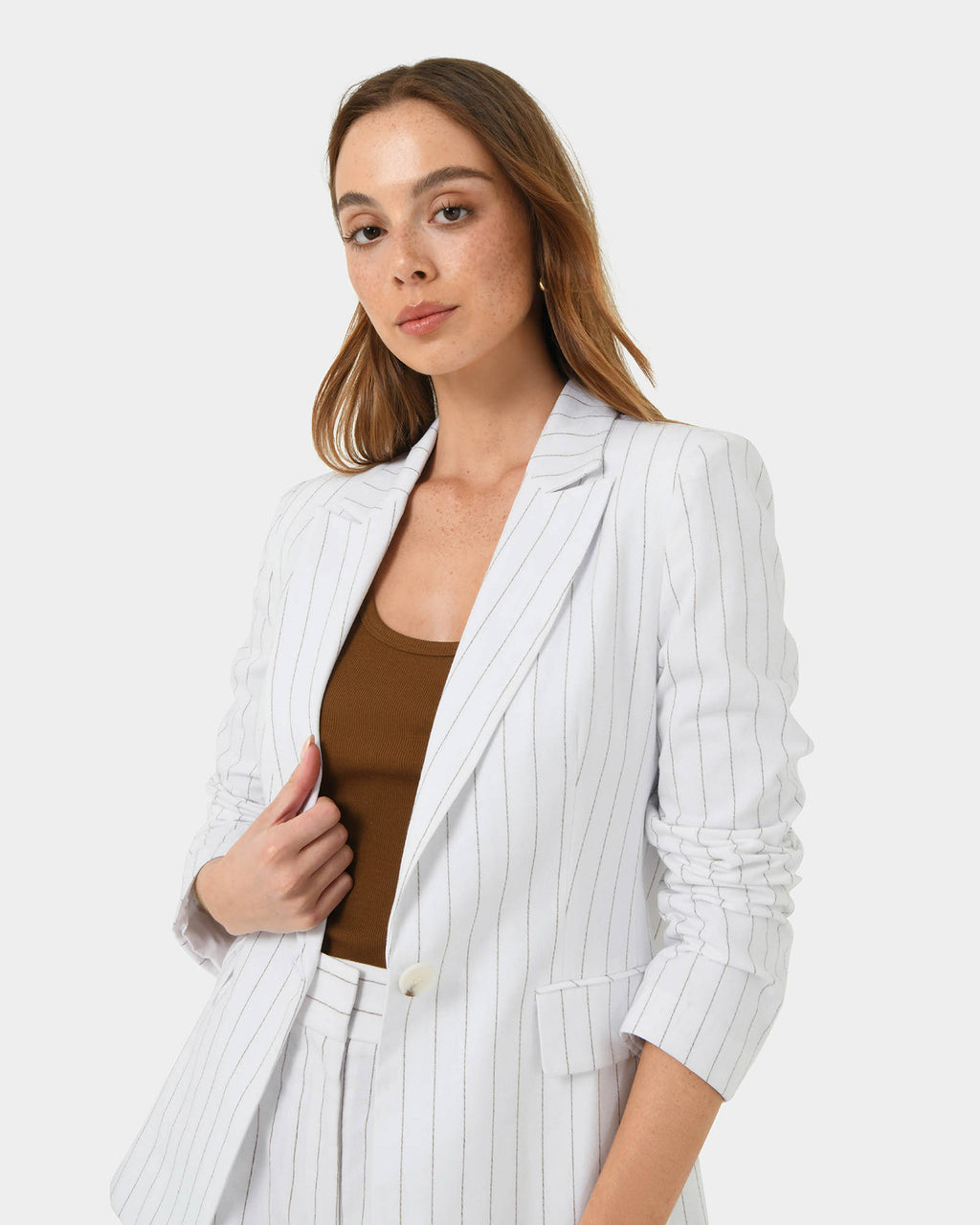 Ria Stripe Cotton Jacket in ivory brown — close-up view 2
