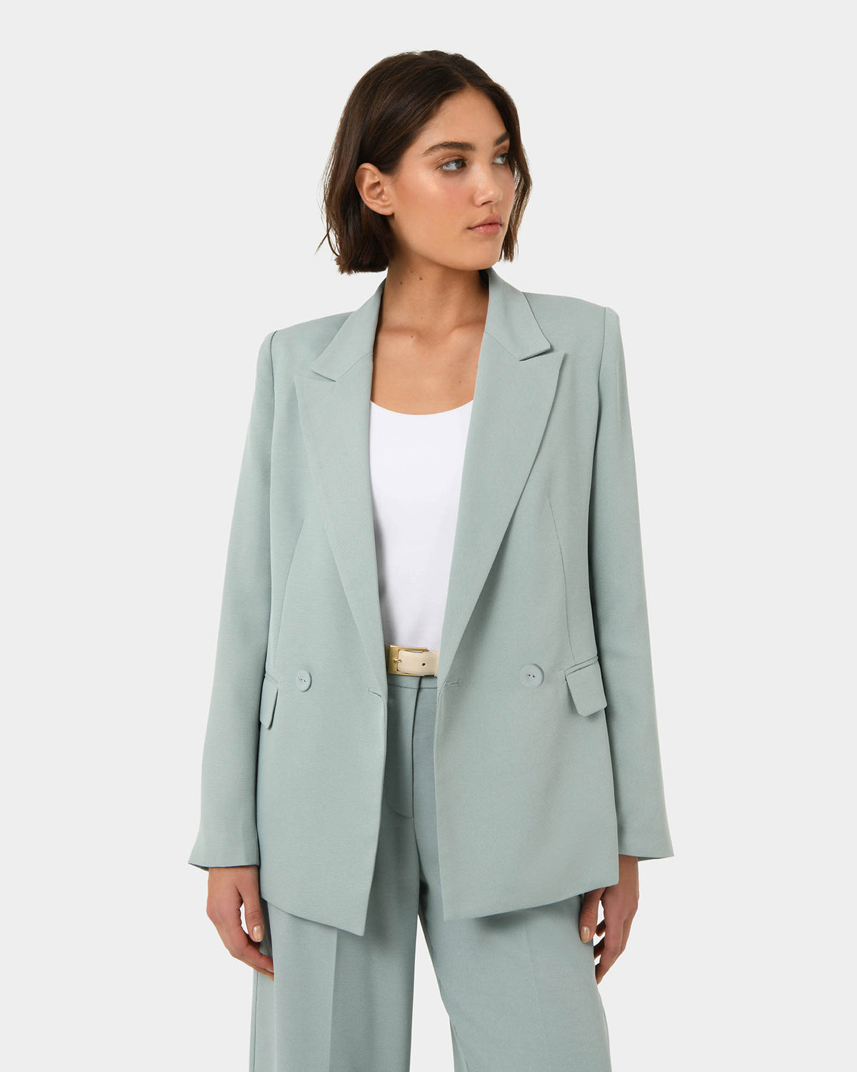 Lexee Double Breasted Blazer in sage — close-up view