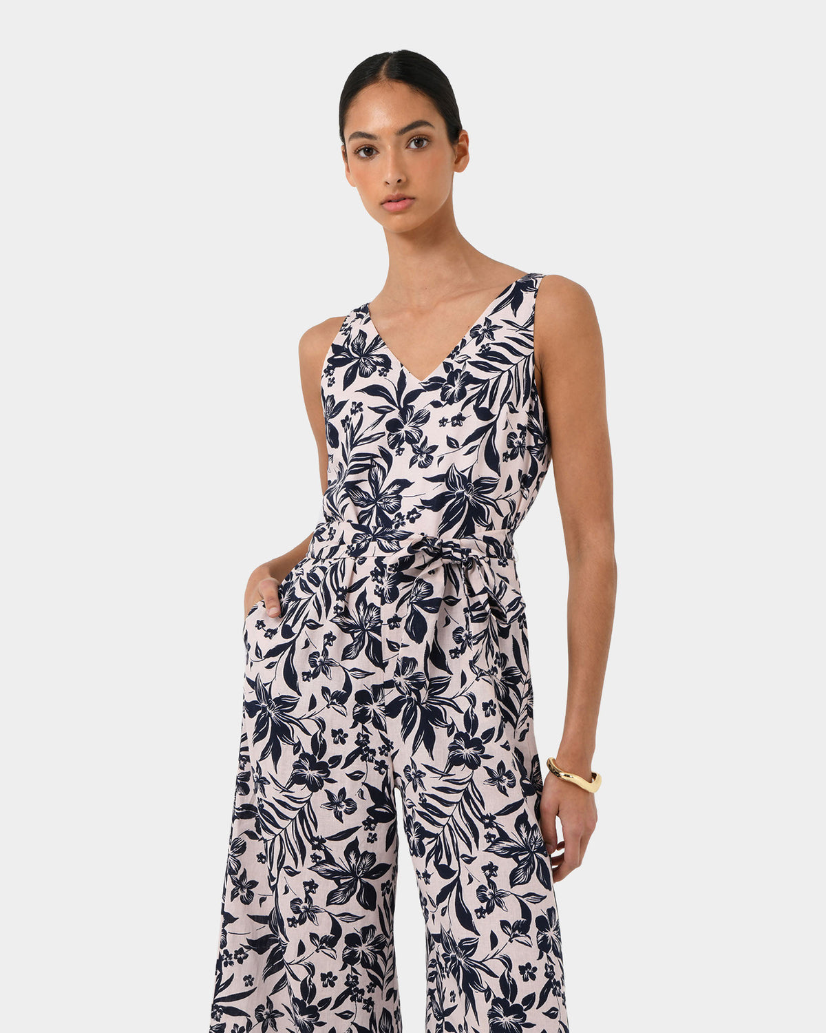 Ren Linen Blend Jumpsuit in navy floral — close-up view