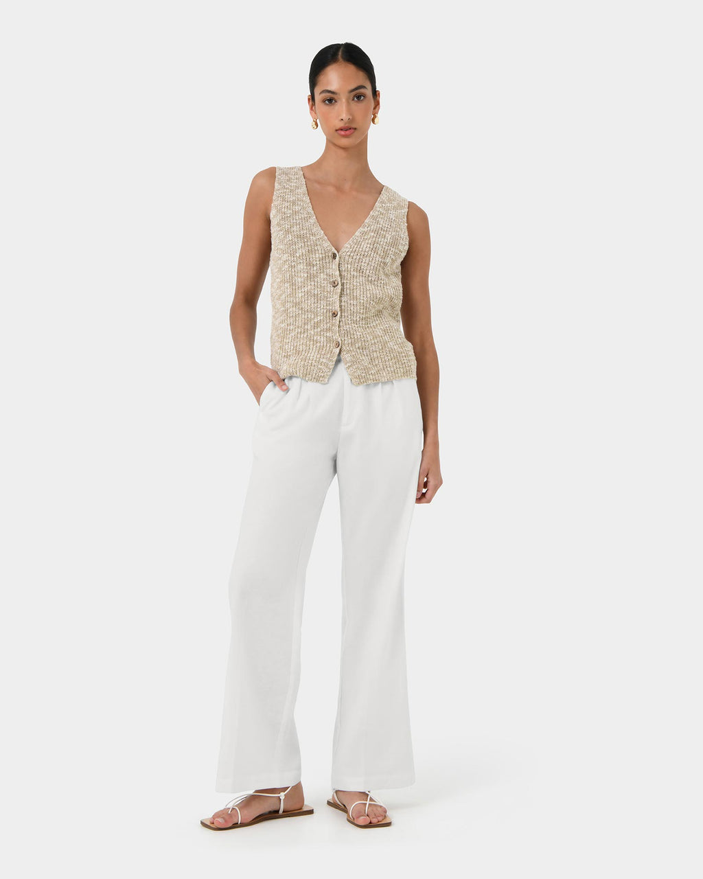 Judith Knit Vest in sand multi — full-length view
