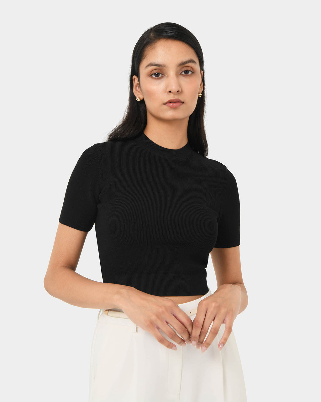 Murphy Crop Knit Top in black — close-up view