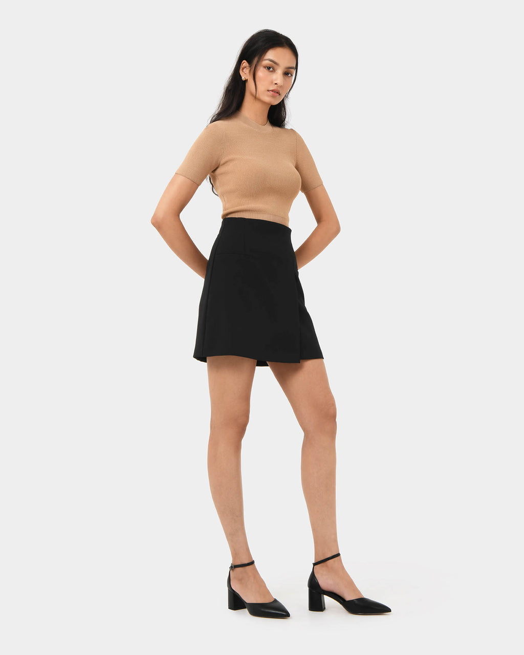Murphy Crop Knit Top in camel — full-length view