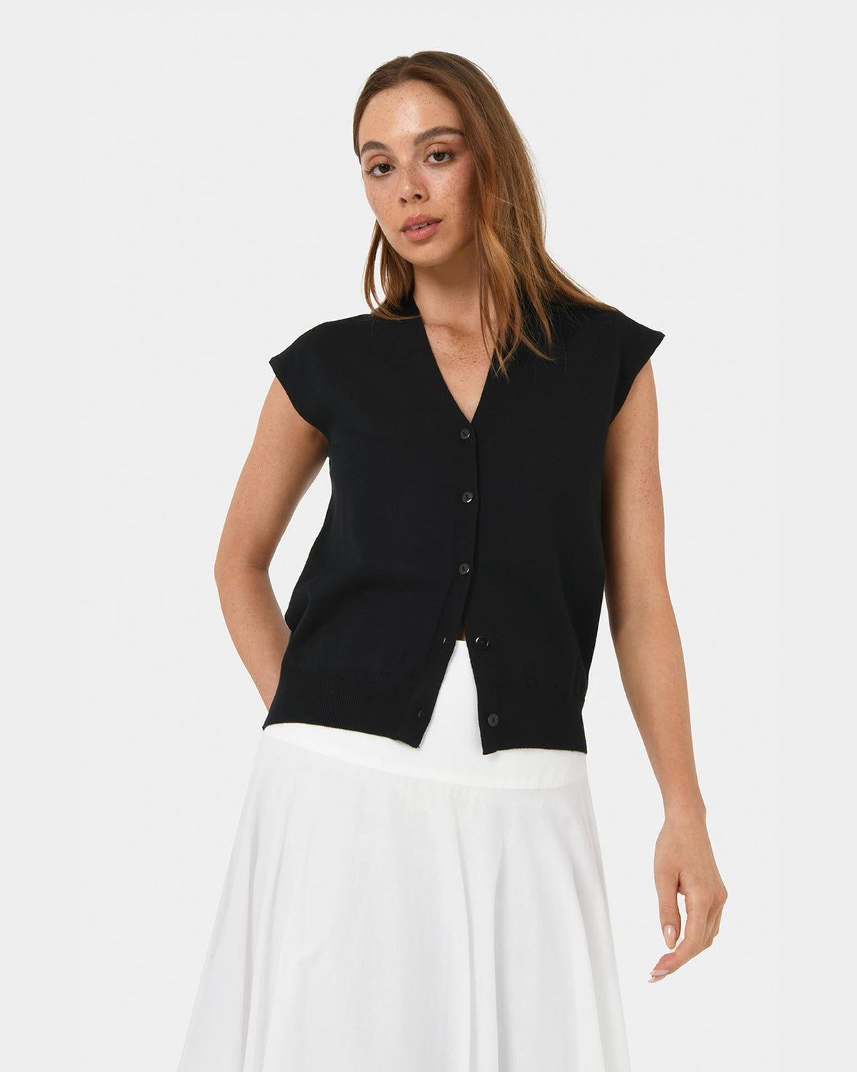 Nicole V-neck Sleeveless Knit in black — close-up view
