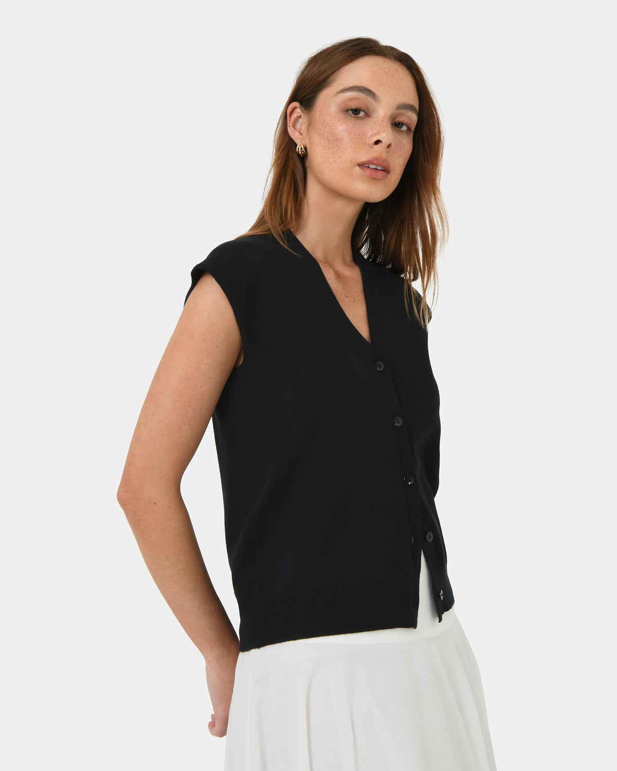 Nicole V-neck Sleeveless Knit in black — side view