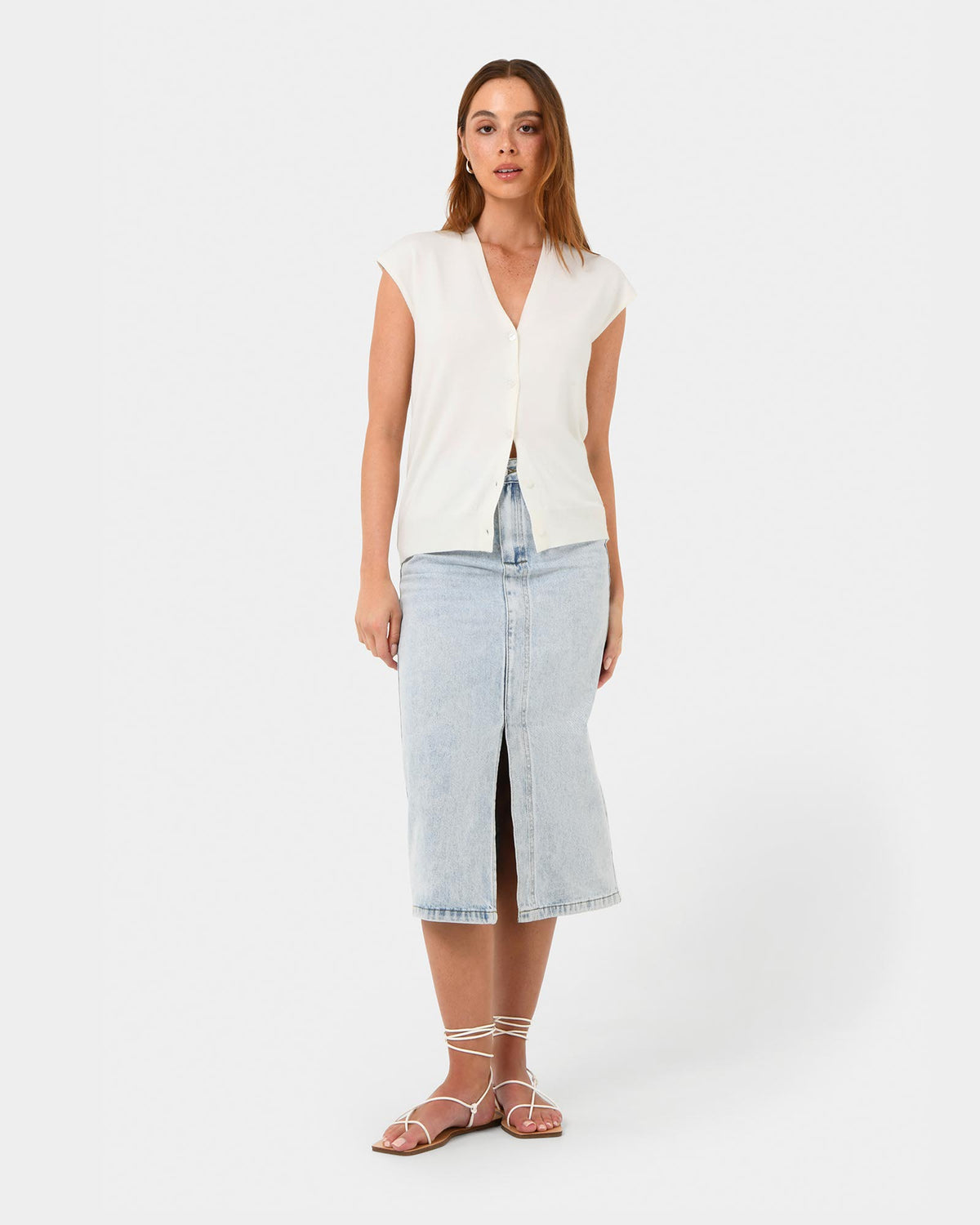 Nicole V-neck Sleeveless Knit in ivory — full-length view