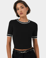 Kiara Contrast Knit Top in ivory black — close-up view