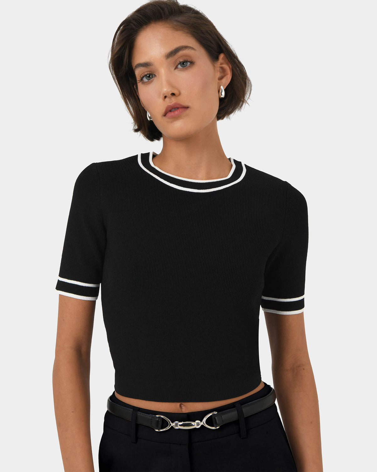 Kiara Contrast Knit Top in ivory black — close-up view