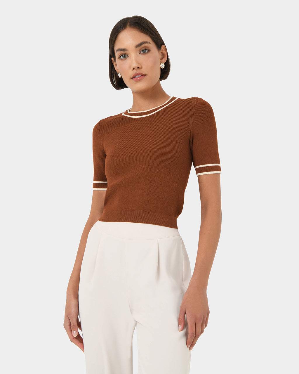 Kiara Contrast Knit Top in tan beige — close-up view