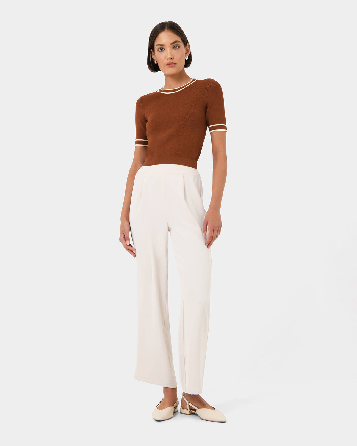 Kiara Contrast Knit Top in tan beige — full-length view