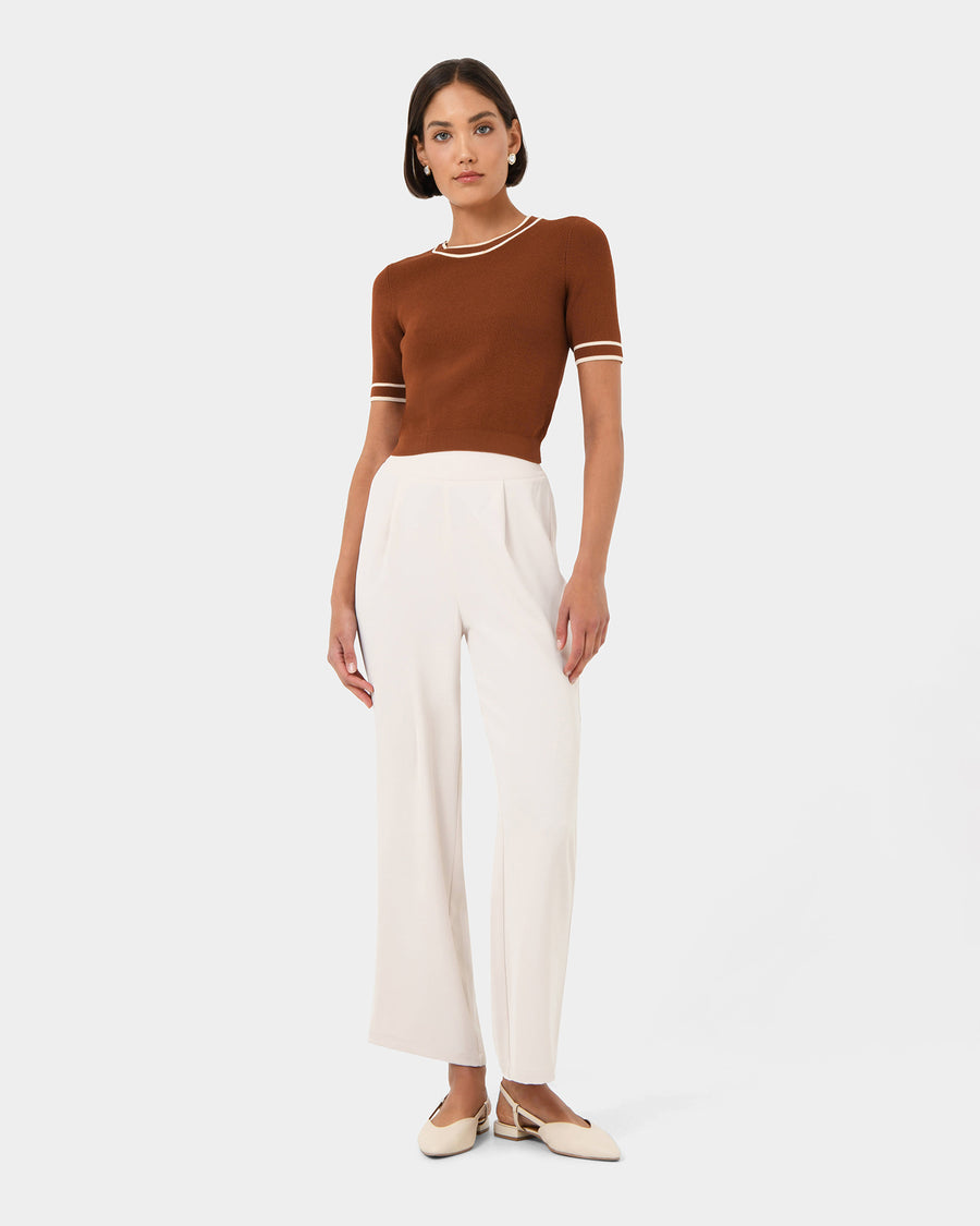 Kiara Contrast Knit Top in tan beige — full-length view