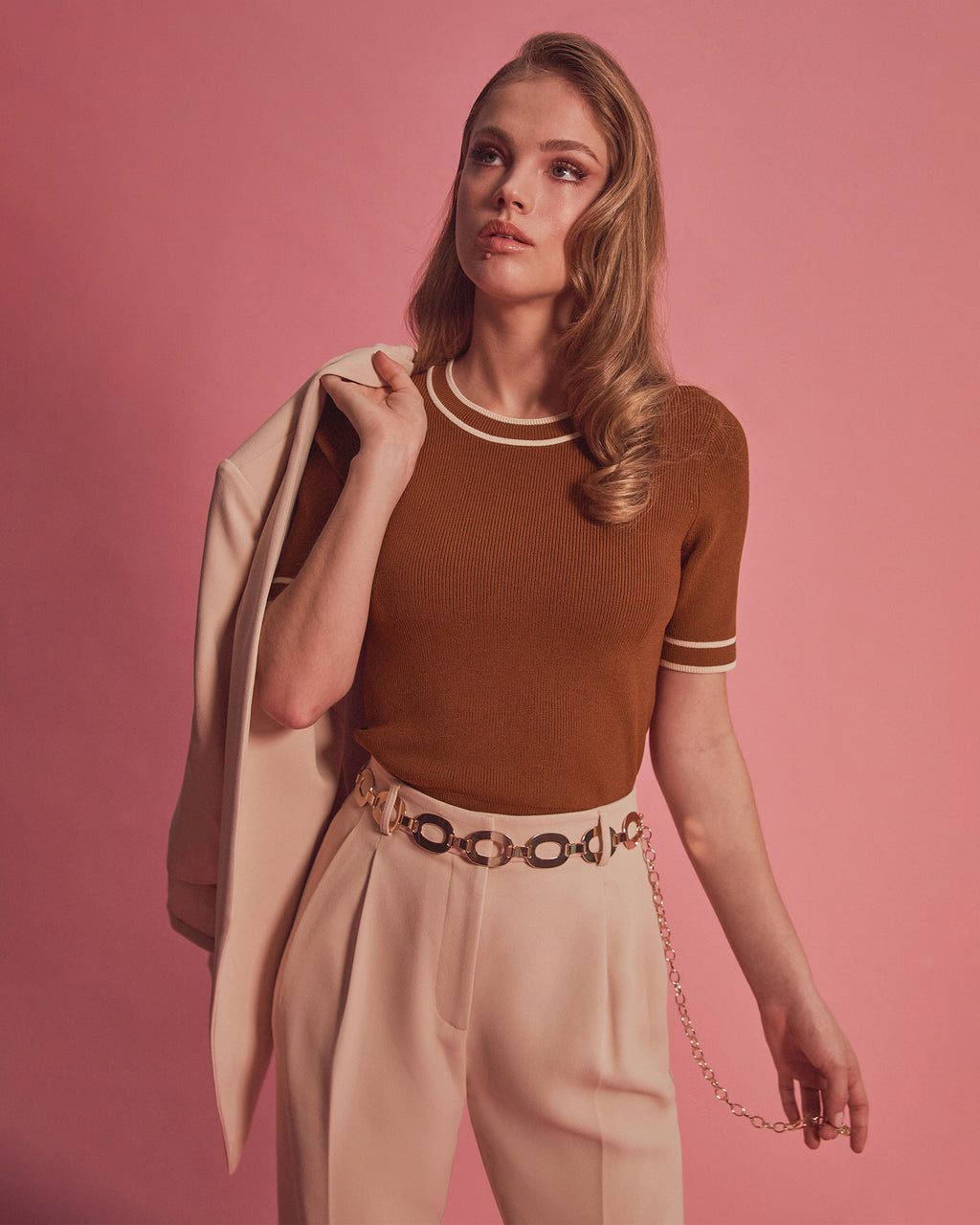 Kiara Contrast Knit Top in tan beige — alternate view