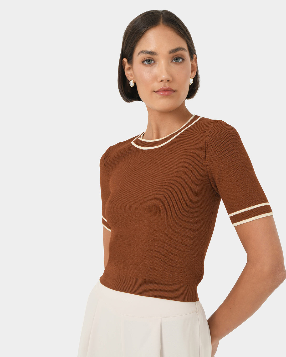Kiara Contrast Knit Top in tan beige — side view